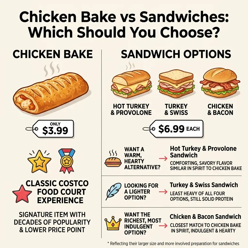 Costco Chicken Bake vs. sandwich comparison infographic.